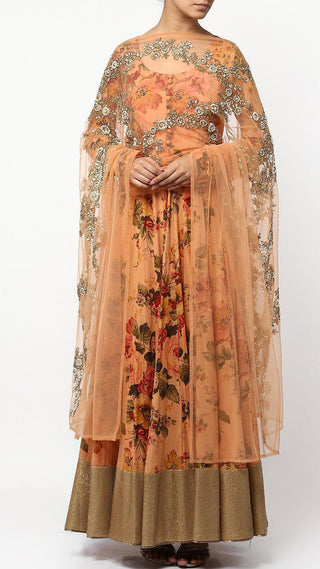 Light Coral Floral Print Anarkali Set