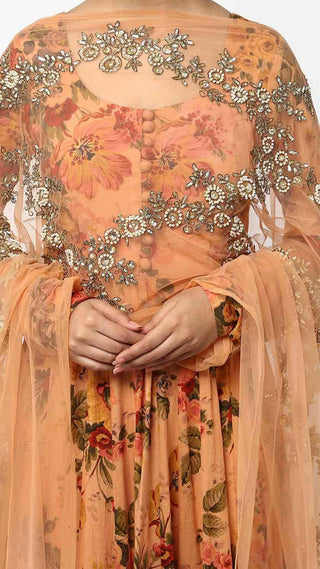 Light Coral Floral Print Anarkali Set