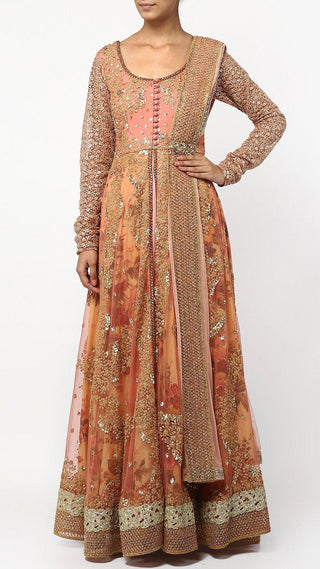 Dark Coral Floral Print Layered Anarkali Set