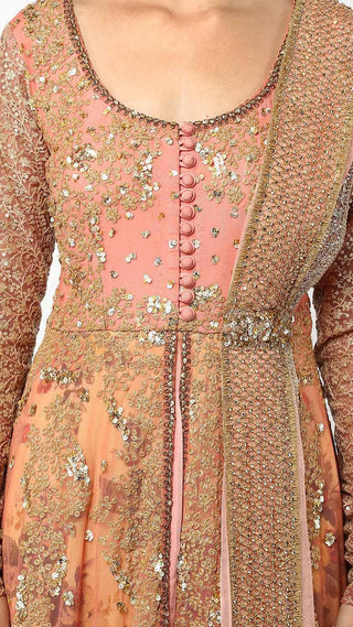 Dark Coral Floral Print Layered Anarkali Set