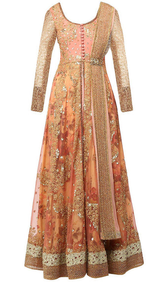 Dark Coral Floral Print Layered Anarkali Set