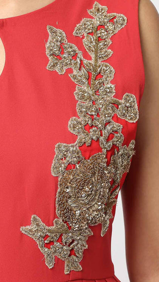 Red Floral Embroidered Cowl Tunic