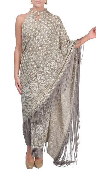 Light Grey Embroidered Pants & Drape Saree