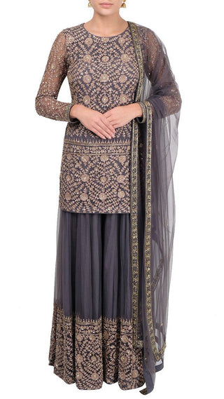 Deep Grey Emroidered Sharara Suit