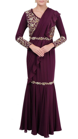 Maroon Embroidered Ruffle Saree