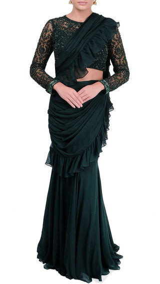 Bottle Green Ruffle Saree
