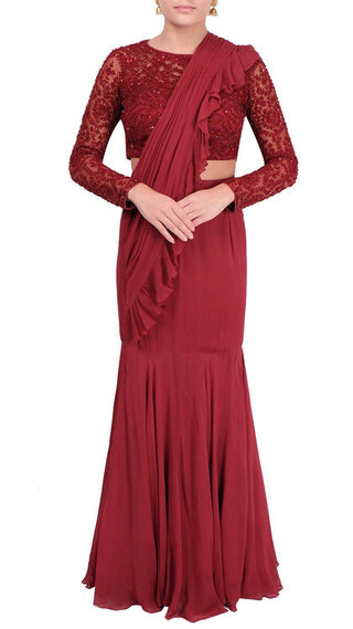 Deep Red Embroidered Ruffle Saree Set