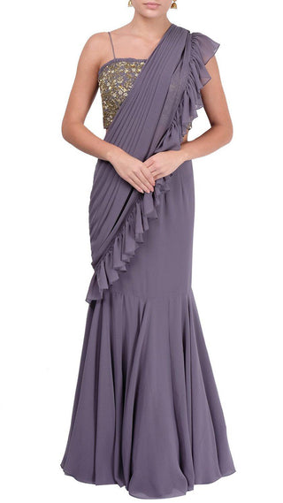 Grey Draped Saree With Embellished Blouse