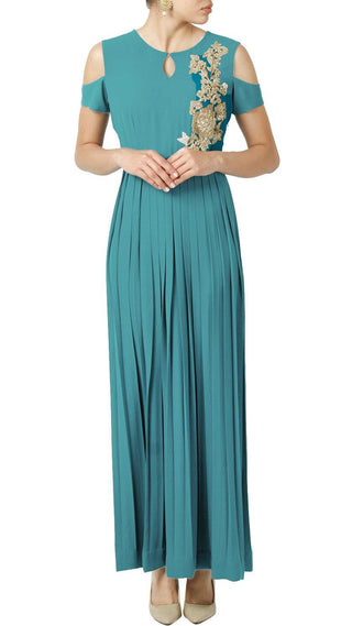 Teal Blue Pleated Gown