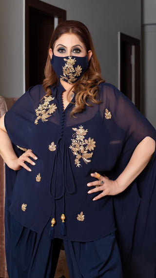 Navy Blue Cape And Dhoti Set