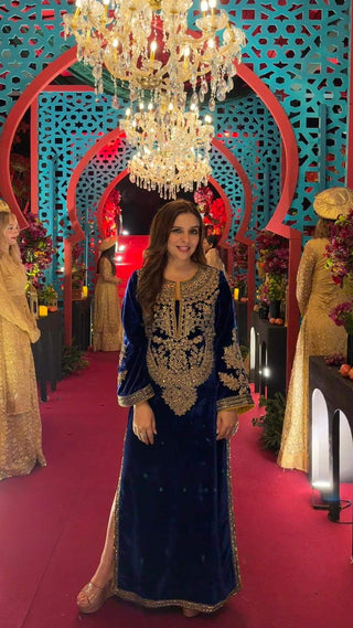 Royal Blue Velvet Aaina Kaftan - Express Delivery