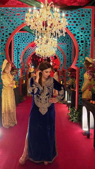 Royal Blue Velvet Aaina Kaftan - Express Delivery