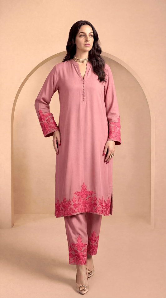 Pink Embroidered Gara Co-ord Set with Optional Dupatta
