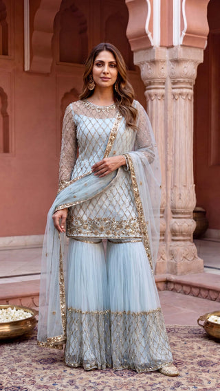 Powder blue embroidered gharara suit