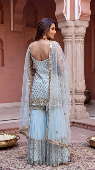Powder blue embroidered gharara suit