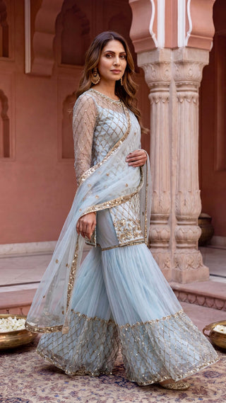 Powder blue embroidered gharara suit