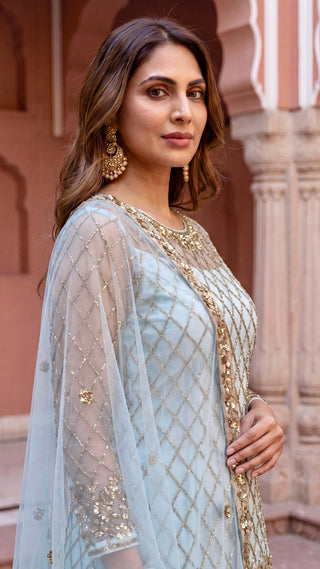 Powder blue embroidered gharara suit