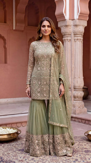 Sage Green Emroidered Gharara Suit