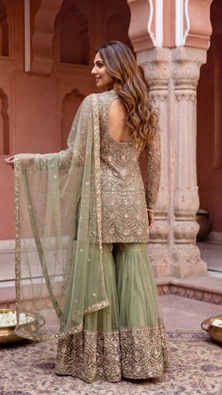 Sage Green Emroidered Gharara Suit