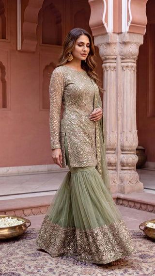 Sage Green Emroidered Gharara Suit