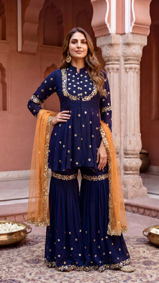 Navy blue embroidered sharara set