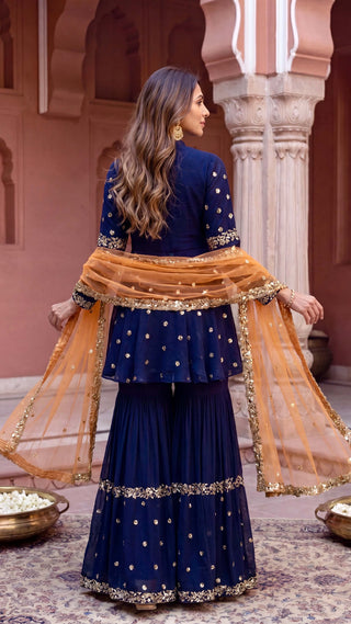 Navy blue embroidered sharara set