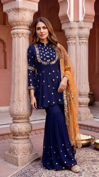 Navy blue embroidered sharara set