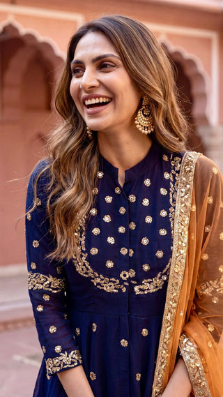 Navy blue embroidered sharara set