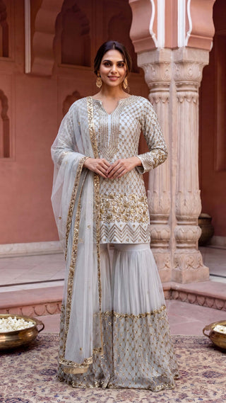 Powder grey embroidered suit and sharara set