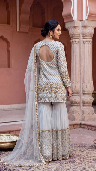 Powder grey embroidered suit and sharara set