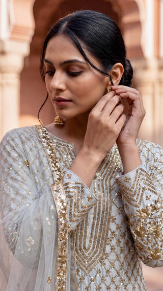 Powder grey embroidered suit and sharara set