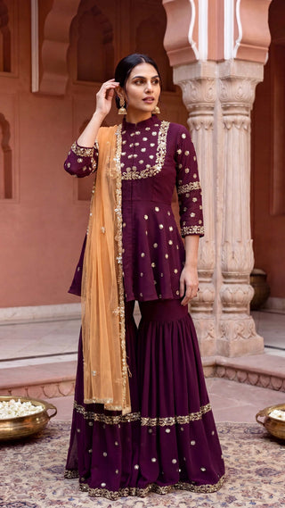 Maroon hand embroidered suit and sharara set
