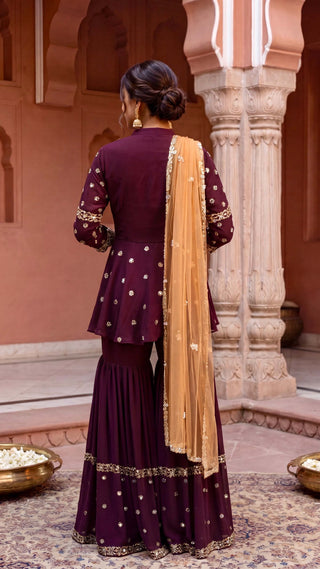 Maroon hand embroidered suit and sharara set