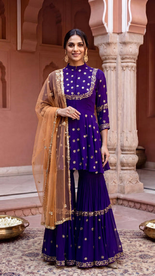 Purple hand embroidered gharara suit