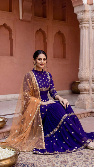 Purple hand embroidered gharara suit
