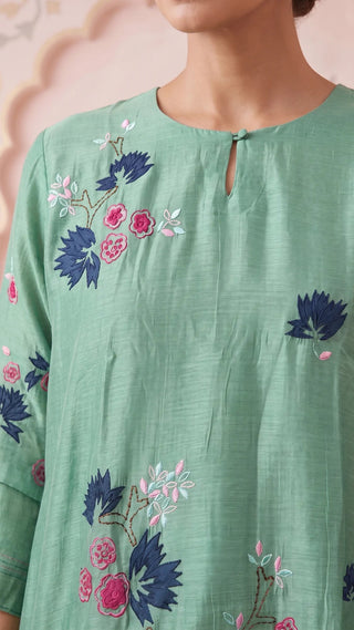 Ocean Green Bloom Embroidered Mul Chanderi Coord
