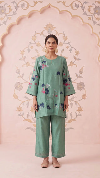 Ocean Green Bloom Embroidered Mul Chanderi Coord