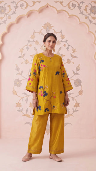 Mustard Bloom Embroidered Mul Chanderi Coord