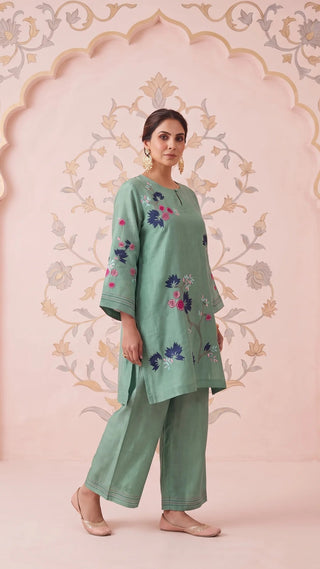 Ocean Green Bloom Embroidered Mul Chanderi Coord