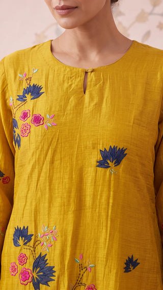 Mustard Bloom Embroidered Mul Chanderi Coord