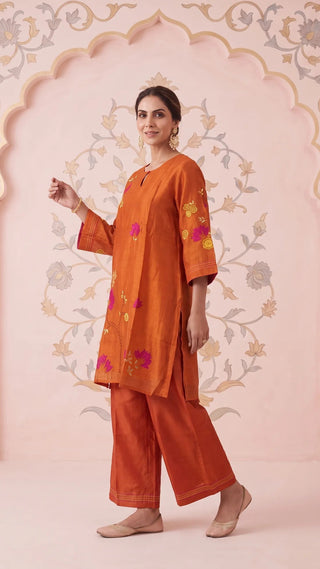Orange Bloom Embroidered Mul Chanderi Coord