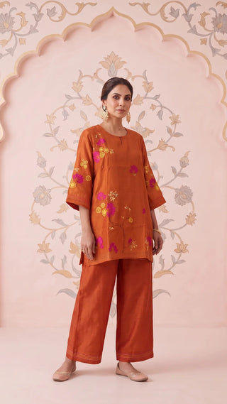 Orange Bloom Embroidered Mul Chanderi Coord