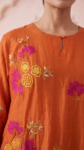 Orange Bloom Embroidered Mul Chanderi Coord