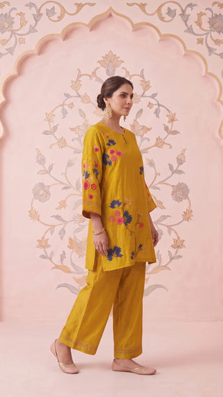 Mustard Bloom Embroidered Mul Chanderi Coord
