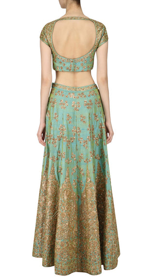 Mint Green and Gold Floral Embroidered Lehenga Set