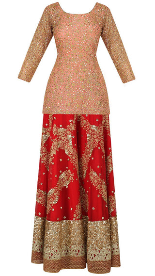 Salmon Pink Sequinned Kurta with Red Sharara Pants