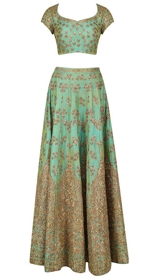 Mint Green and Gold Floral Embroidered Lehenga Set