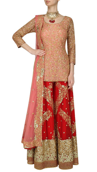 Salmon Pink Sequinned Kurta with Red Sharara Pants