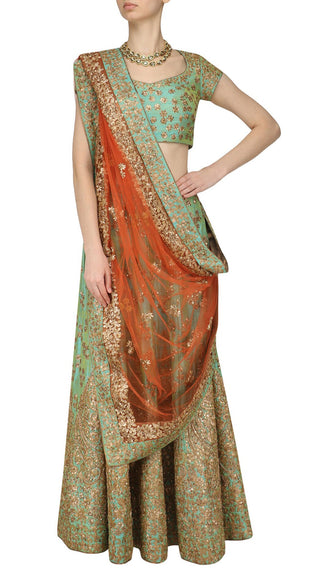 Mint Green and Gold Floral Embroidered Lehenga Set