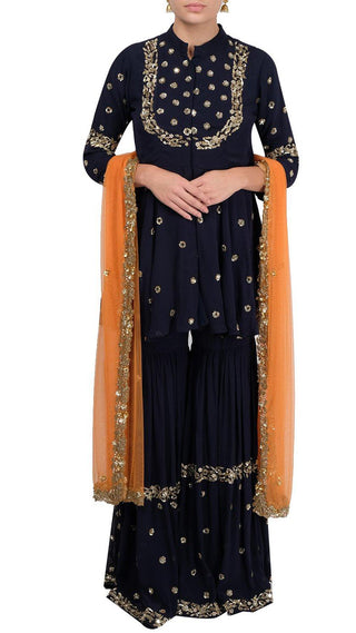 Navy blue embroidered sharara set